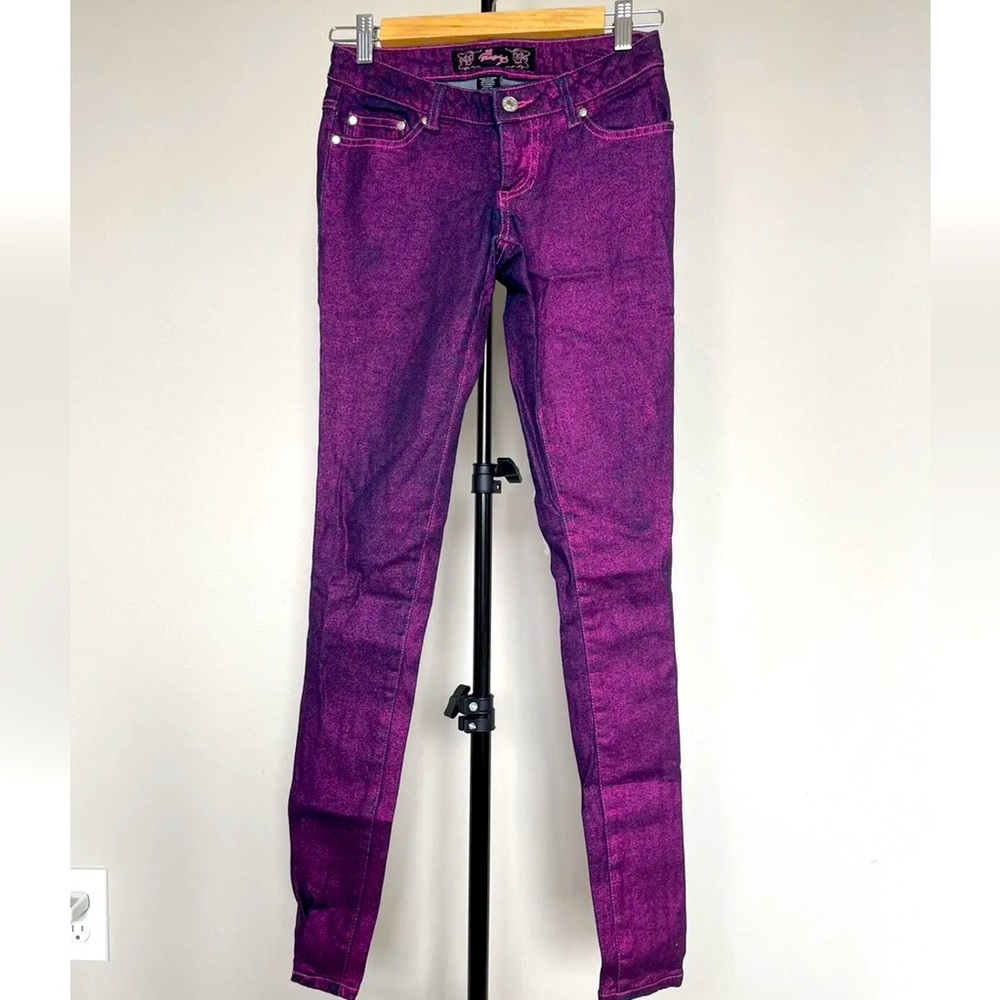 Vintage y2k skinny low rise metallic pink purple shiny jeans pants size 7